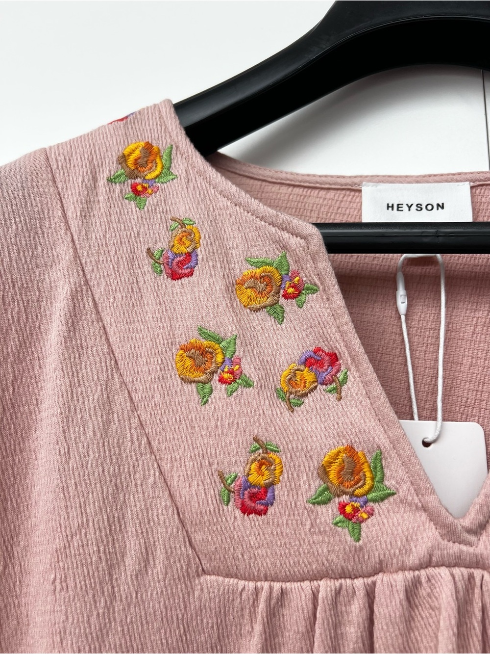 HEYSON | Pink Floral Embroidered V-Neck Short Sleeve Cottagecore Cotton Blouse - Picture 3 of 7